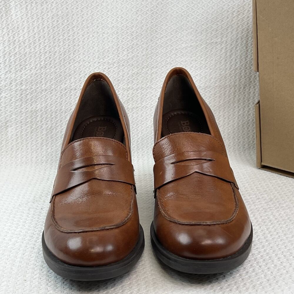 NWB Born Khelda Leather Penny Loafer Block Heel Cognac Women’s 8.5M New with Box - Picture 9 of 13